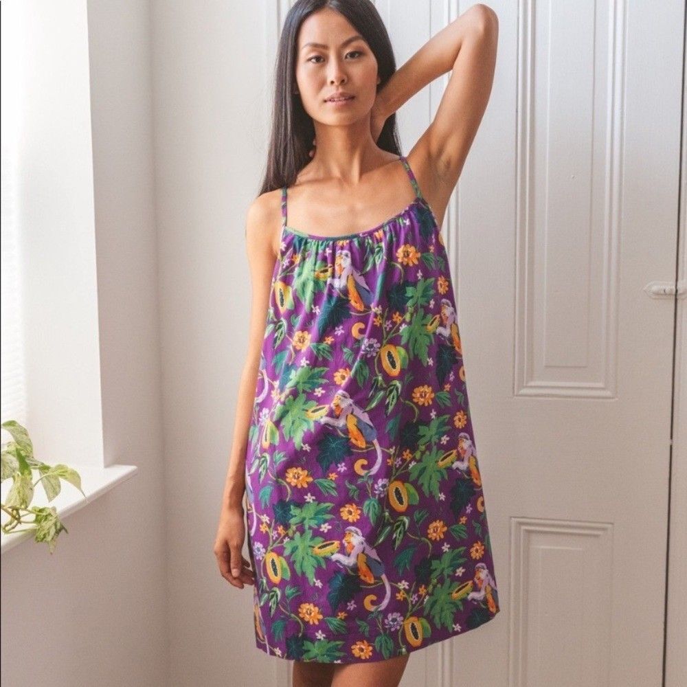 Printfresh Papaya Paradise Nightgown Monkey Print Mini Dress Purple Women XS